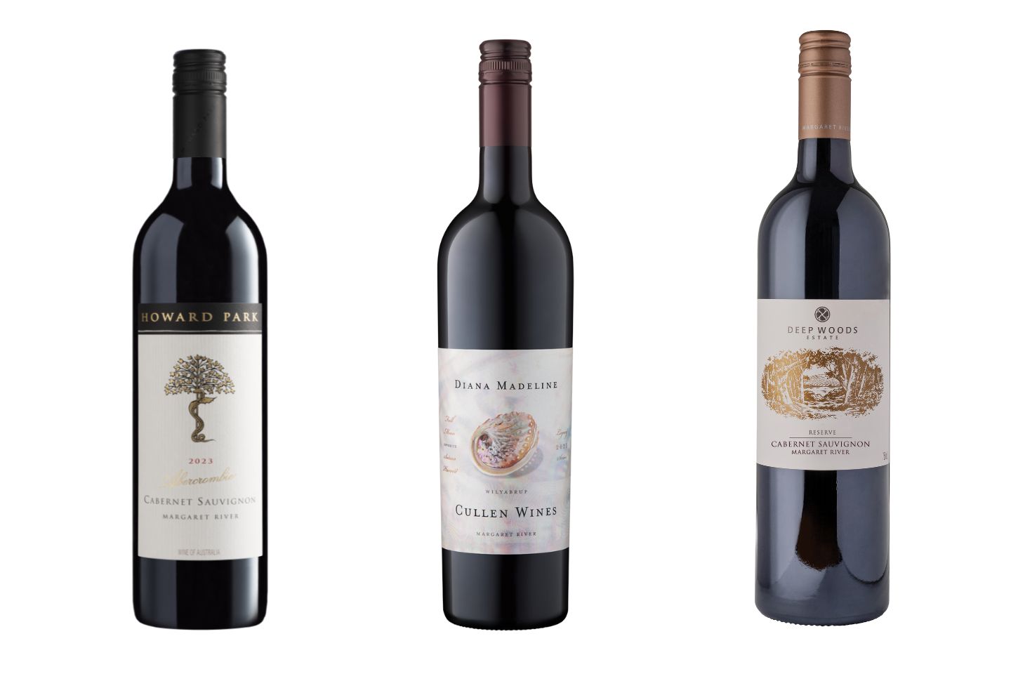 L-R: Howard Park Abercrombie cabernet sauvignon, Cullen Wines Diana Madeline Full Moon Opposite Saturn Harvest, Deep Woods Estate Reserve cabernet sauvignon.
