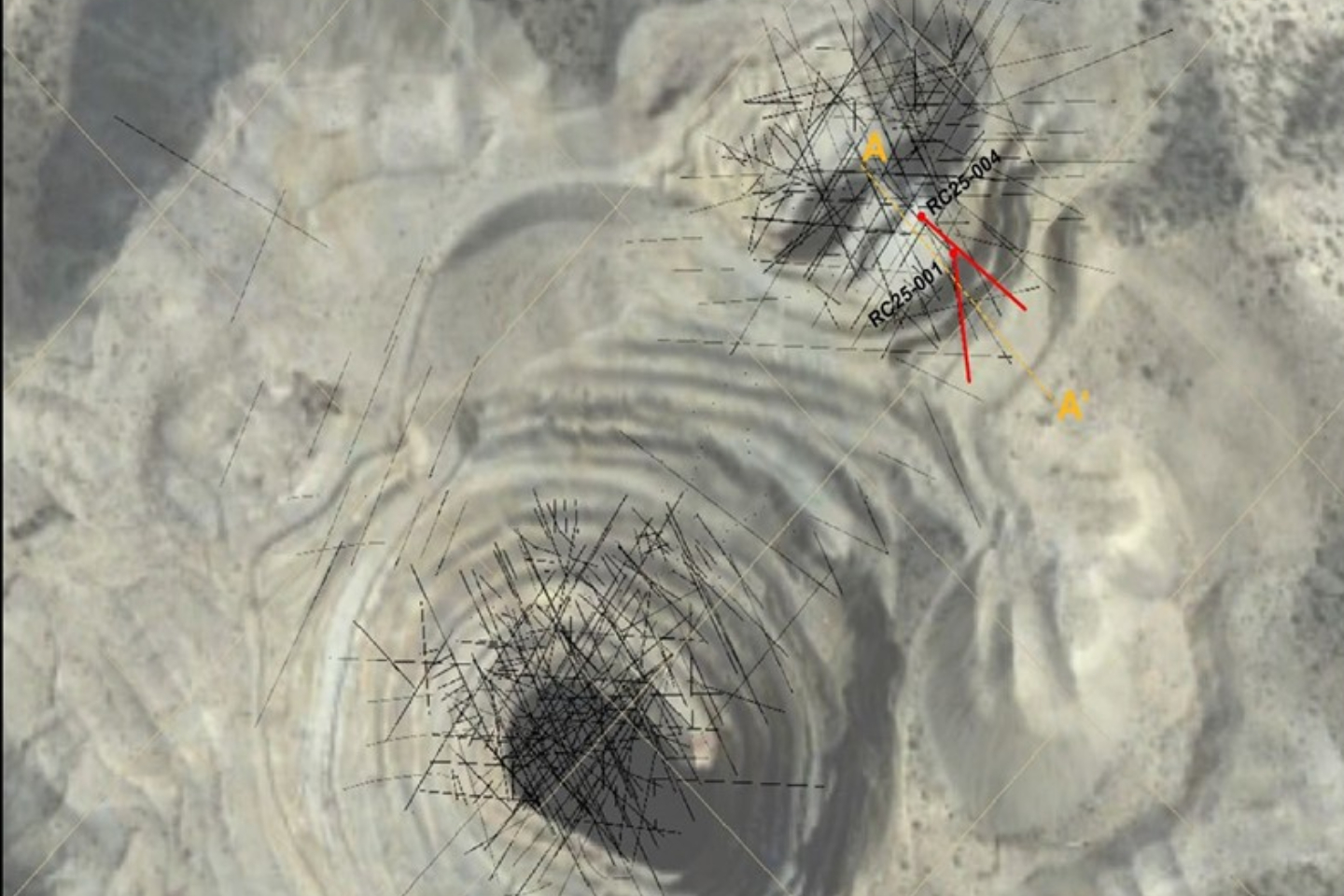  A birds-eye view of the North and South gold pits at Dateline Resources’ Colosseum project in California. Credit: File.