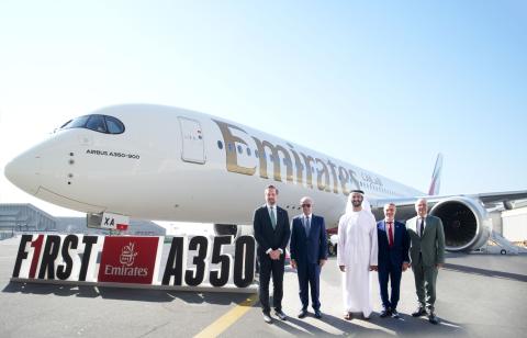 British consul general to Dubai Oliver Christian (le ), Emirates Airlines president Sir Tim Clark, UAE Minister of Economy Abdulla Bin Touq Al Marri, Rolls Royce senior vice-president customer Middle East and Africa Omar Ali Adib, and Philippe Mhun with the Airbus A350.