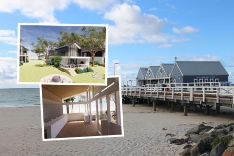 Renders of the new chalets at Mandalay resort and park (inset). Background: Busselton Jetty.