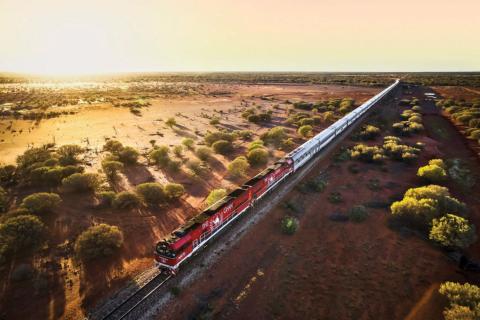 The Ghan winds its way across the Outback.