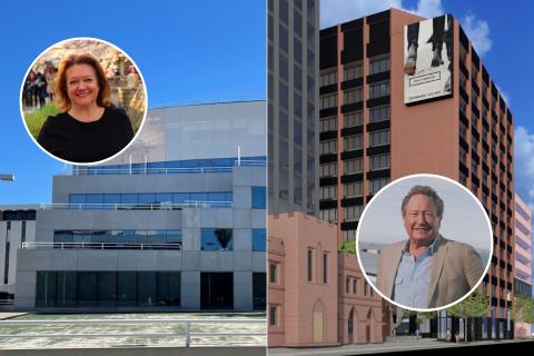 Gina Rinehart’s (left inset) Hancock Prospecting and Andrew Forrest-led (right inset) Fiveight have applied to put up signage at their offices in West Perth and in Perth CBD.