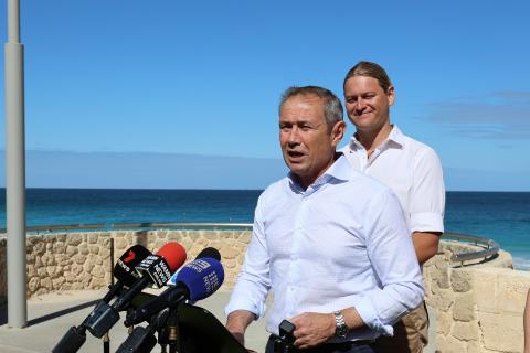 WA Premier Roger Cook and Scarborough MLA Stuart Aubrey at Scarborough Beach. Photo: Sam Jones.