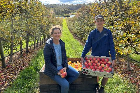Newton Orchards co-director Nic Giblett and son Jasper Good.