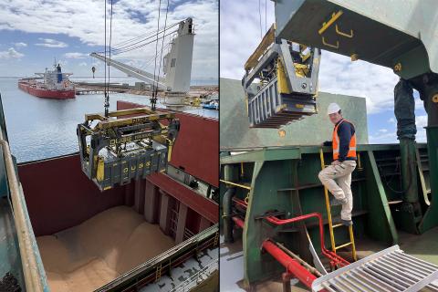 Qube's rotabox loading faba beans. Right: Esperance farmer Mark Wandel.