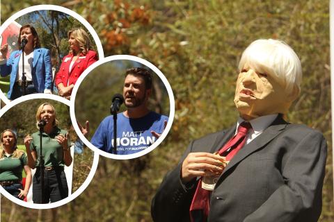 Top left: Labor MP Tania Lawrence and Labor Bullwinkel candidate Trish Cook. Bottom left: Nationals candidate for Bullwinkel Mia Davies and candidate for Kalamunda Lisa Logan. Middle: Liberal candidate for Bullwinkel Matt Moran. Main pic: A person dressed in a Nigel Satterley costume pulling monopoly money out their jacket.