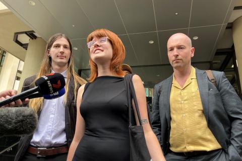 Emil Davey, Matilda Lane-Rose and Jesse Noakes outside court.