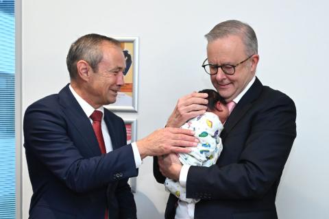Roger Cook (left) and Anthony Albanese with newborn baby Amber at Midland hospital. Photo: LUKAS COCH/AAP Image