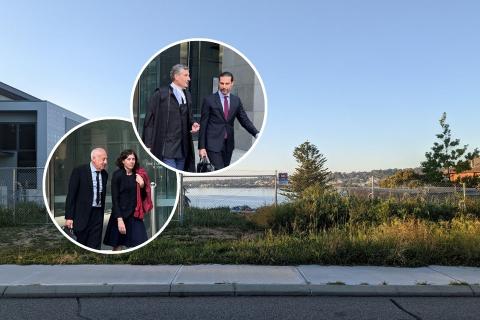 Andrew Mangano (left in inset photo) engaged Sue Chrysanthou for the defamation trial brought by Paul McGarry (right, in right inset) represented by Rob Anderson, over 52 Jutland Parade (background).