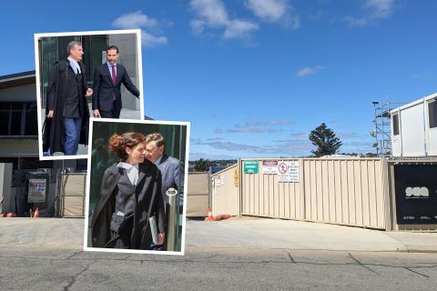 Sue Chrysanthou (inset) representing Andrew Mangano for the defamation trial brought by Paul McGarry (right, in top inset) represented by Rob Anderson (left in top inset), over 52 Jutland Parade (background).