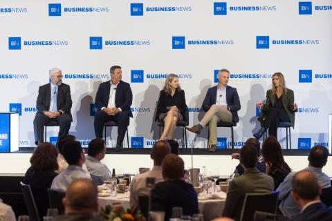 L-R: Perth USAsia Centre's Gordon Flake, Birdon maritime and defence's Mark Albertson, CyberCX Academy's Rosemary Driscoll, Woodside's Andrew Melouney and WA Police's Arlene Mavratsou.