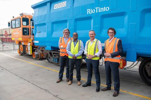 Engenco chief executive Dean Draper, Pilbara MLA Kevin Michel, Premier Roger Cook, and Rio Tinto iron ore chief executive Simon Trott. Photo: Rio Tinto.