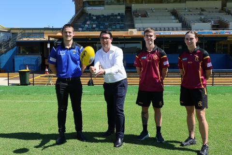 Perth MP Patrick Gorman with members of Subiaco and East Perth football clubs. Photo: Sam Jones.