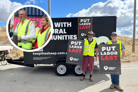 Main pic: Keep the Sheep protestors outside CBH's Forrestfield grain depot. Inset: Prime Minister Anthony Albanese and Labor candidate for Bullwinkel Trish Cook inside CBH's Forrestfield grain depot. Photos: Sam Jones.