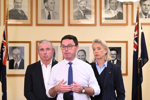 L-R: Nationals Deputy leader Kevin Hogan, Nationals leader David Littleproud and Nationals leader in the senate Bridget McKenzie. Photo: LUKAS COCH/AAP IMAGE.