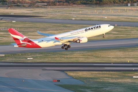 Qantas A330 takes off from Perth Airport.