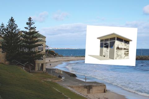 Inset: a render of the proposed public toilet along Cottesloe beach (background).