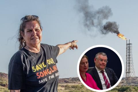 Main photo: Raelene Cooper at the Burrup Hub. Photo: Save Our Songlines. Inset Photo: Water and Environment Minister Murray Watt. Photo: Tom Zaunmayr.