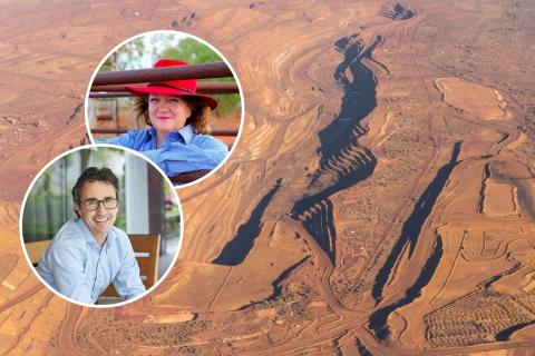 Inset: Rio Tinto iron ore chief Simon Trott (bottom left) and Hancock Prospecting boss Gina Rinehart. Background: Hope Downs