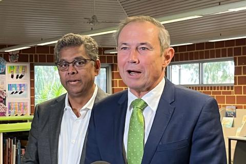 Riverton MLA Jags Krishnan and Roger Cook (right) at a press conference this morning.