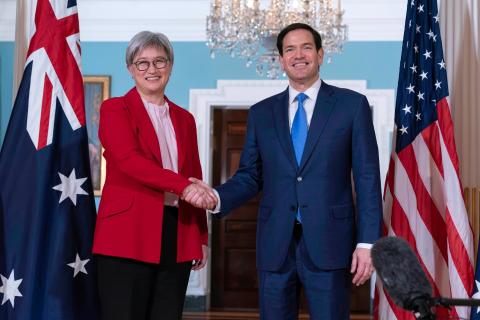 Secretary of State Marco Rubio, right, and Australian Foreign Minister Penny Wong shake hands before a meeting at the State Department in Washington. Photo: AP Photo/Jose Luis Magana