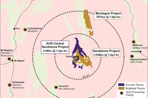 Map showing Aurumin and Brightstar's Sandstone projects 