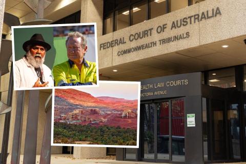 Yindjibarndi Aboriginal Corporation CEO Michael Woodley (left, top inset) and Andrew Forrest (right, top inset). A dispute over the Solomon mine hub (bottom inset) has been ongoing in the Federal Court.