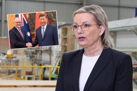 Opposition leader Sussan Ley at a press conference in Perth. Photo: Sam Jones. Inset pic: Anthony Albanese meets with President Xi Jinping. Photo: X/Anthony Albanese.