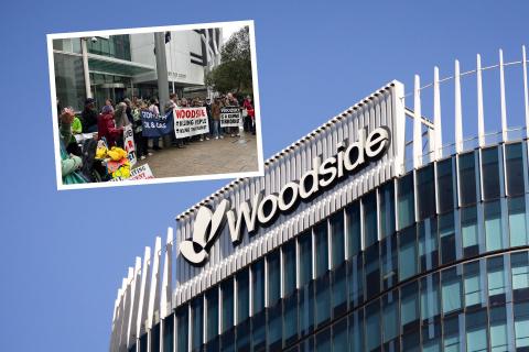 Protesters outside of District Court at one of the legal proceedings relating to activists against Woodside.