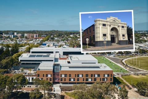 The former Freemasons Hall (inset: Steelkamp/Wikimedia Commons via Creative Commons Attribution-Share Alike 4.0: https://commons.wikimedia.org/wiki/File:Freemasons_Hall,_Subiaco,_August_2021.jpg). Background: Bob Hawke College. Photo: Peter Bennetts
