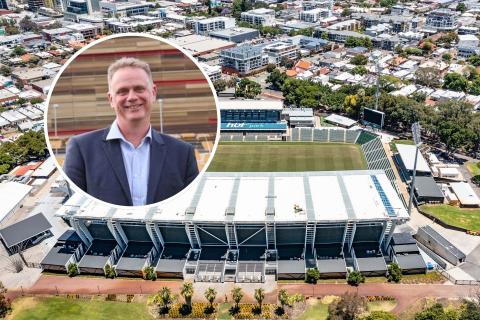 David Etherton (inset) will step down as CEO of VenuesWest, which manages sporting assets in WA including HBF Park.