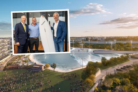 Inset L-R: Rob Slocombe, Wyllie Group's Luke Wyllie, and Andrew Ross. Background: A render of Perth Surf Park.