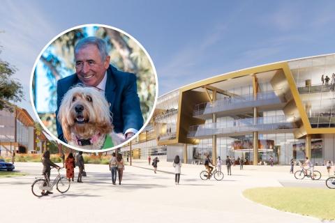 Ted Powell (inset) has donated $100 million to redevelop Murdoch University's redeveloped veterinary school (background: render).