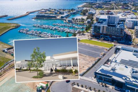 A tavern (inset) is proposed in North Coogee, as part of the marina precinct. Background photo: Cygnet West