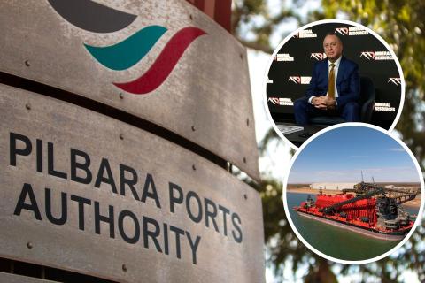 Main pic: Pilbara Ports. Photo: Tom Zaunmayr. Inset: Chris Ellison and a MinRes transshipper at the Port of Ashburton.