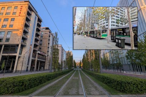 The Oslo tramline. INSET: A line of buses in the Perth CBD. Photos: Tom Zaunmayr