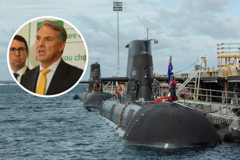 Main pic: A submarine at HMAS Stirling on Garden Island. Photo: Tom Zaunmayr. Inset pic: Richard Marles during a visit to Perth. Photo: Sam Jones.