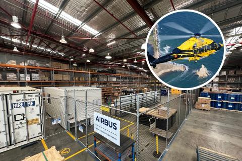 Main pic: The new Airbus distribution centre in Perth. Photo: Airbus Helicopters. Inset: An Airbus H175 helicopter. Photo: PHI Aviation.