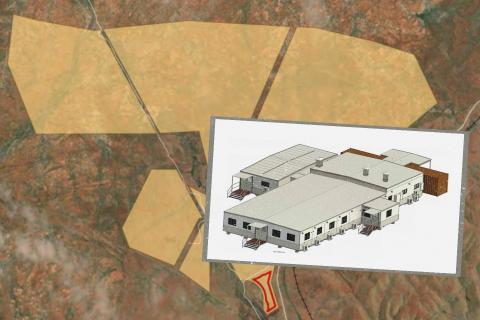 Workforce accommodation (inset, render) has been approved, to accommodate Yindjibarndi Corporation's solar project in Shire of Ashburton (background). Images: via DAP documents