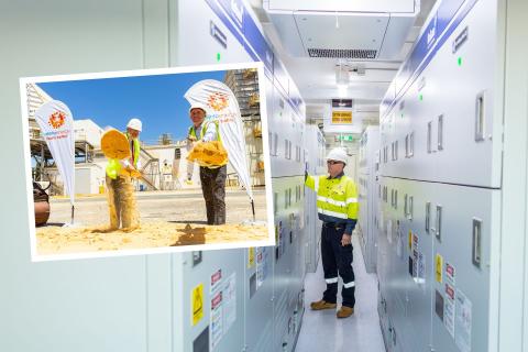 INSET: Former Energy Minister Bill Johnston and Alinta Energy WA executive director Chris Campbell at the sod-turning event in late 2023. Background: Alinta's Newman battery project.