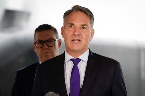 Richard Marles (front) with Pat Conroy at the Ghost Shark announcement. Photo: Kym Smith