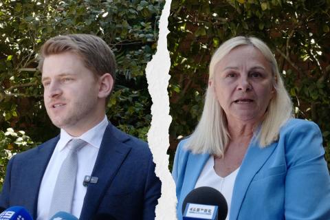 Liam Staltari (left) and Sabine Winton fronted media today over defects found in schools in WA. Photos: Nadia Budihardjo