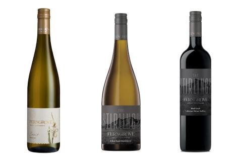L-R: Ferngrove Cossack riesling 2025, Stirlings Ellen Peak chardonnay 2023, Stirlings Bluff Knoll cabernet shiraz malbec 2023.