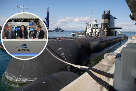 Main pic: A submarine docked. Photo: ASC. Inset pic: Austal USA Vice President Business Development & External Affairs Lawrence Ryder, ASC Chief Capability Officer Danielle Bull, and Austal Australia Chief Technology Officer Glenn Callow.