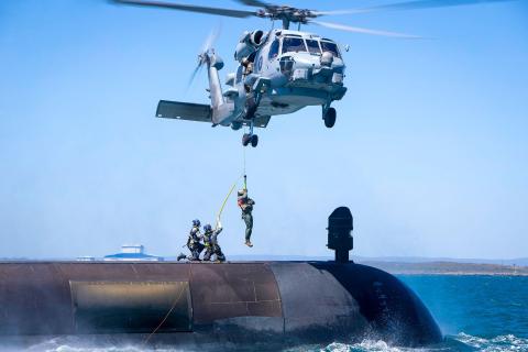 Helicopter transfer exercise for Collins-class submarine HMAS Rankin in Cockburn Sound. Photo: LSIS Richard Cordell