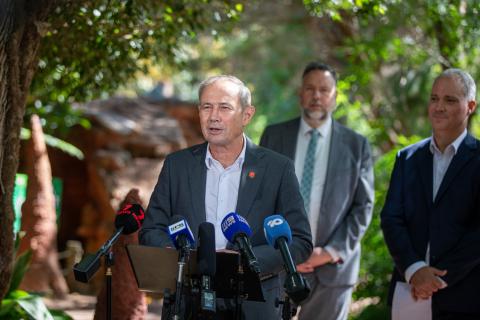 Roger Cook with BHP's Tim Day (right) announcing funding for Perth Zoo. Photo: Supplied