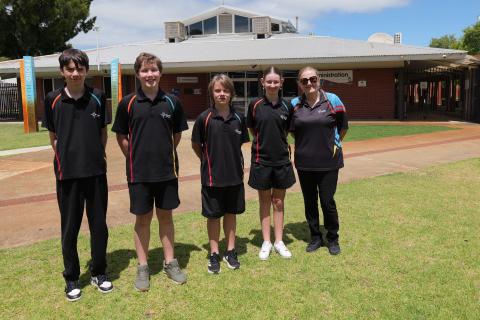 Coodanup College Year 8 students won the top prize in the Minister's Innovation challenge including Angel Jones (second from right), accompanied by teacher Belinda Blackburn