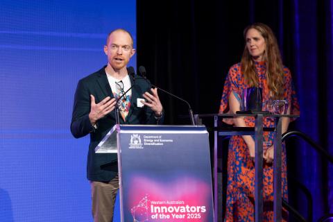 Emyria chief scientist Michael Winlo gave an impassioned speech as he accepted Emyria's Innovator of the Year - Wellbeing Category win in November. Photo: Matt Jelonek.