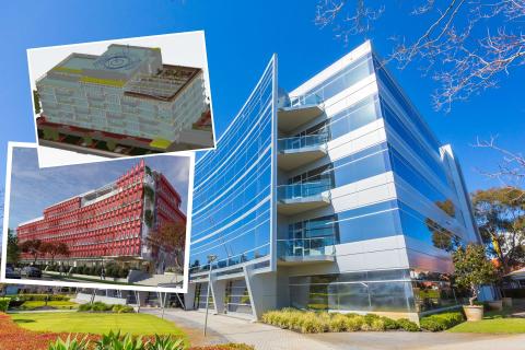 Renders of the helipad (top inset) and the office (bottom inset). Background: 53 Ord Street in West Perth.