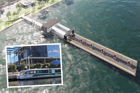 A render of the proposed Matilda Bay terminal for an expanded Transperth ferry (inset) route. Image: WAPC